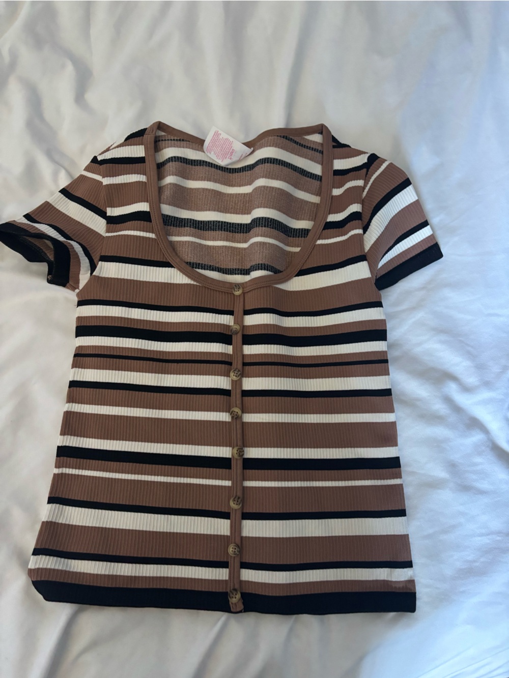2 SHIRTS:No Boundaries Striped Scoop Neck Button Front Top - Brown, Black, White